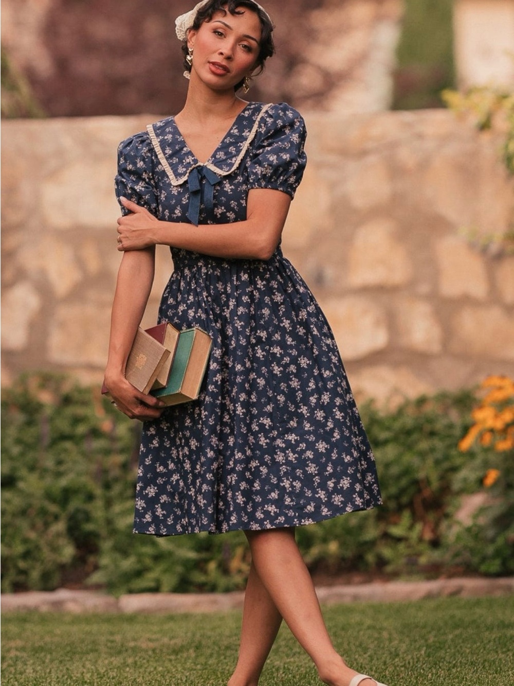 JessaKae Navy Floral Puff-Sleeve Midi Dress with Lace Trim